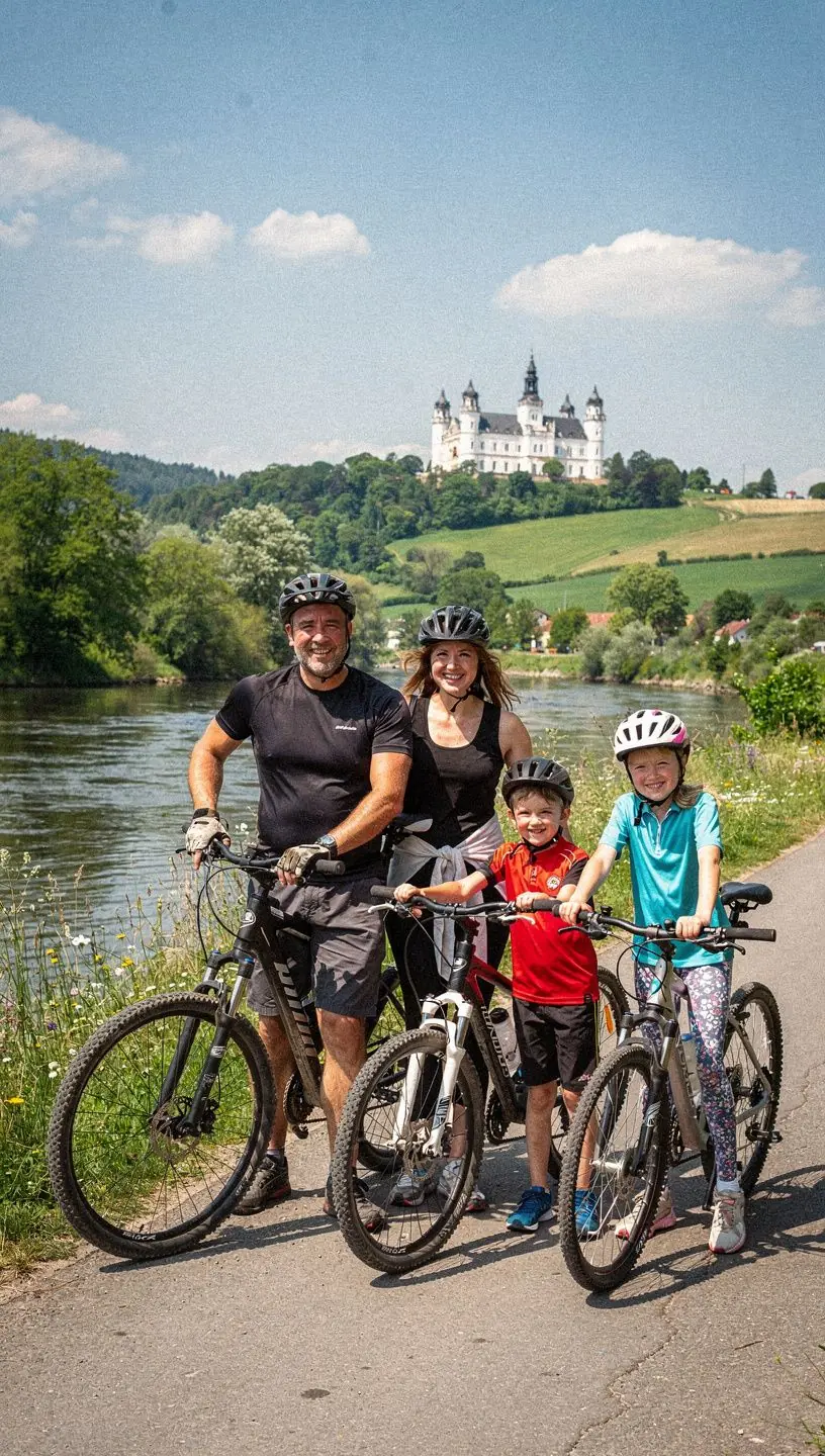 Krásný zámek na vrcholu kopce, s okolními zahradami a výhledem na krajinu.